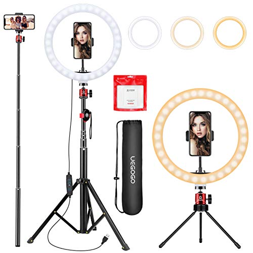 10.2 inch Selfie Ring Light with Tripod Stand & Phone Tripod Holder, UEGOGO 3 Modes LED Ringlight & Selfie Stick for Makeup/Photography/Live Streaming/YouTube TikTok, Compatible with iPhone/Android